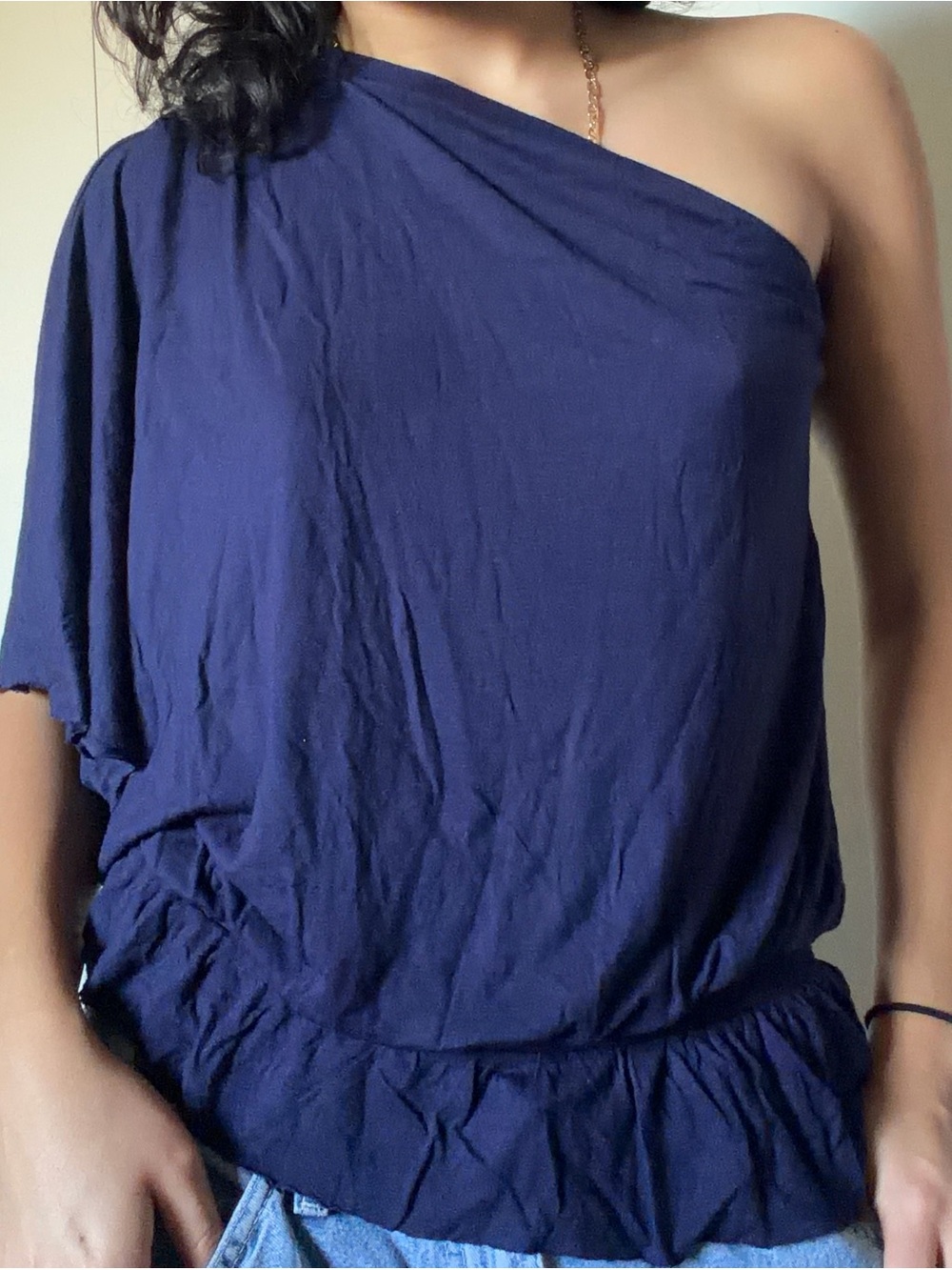 Lush One-Shoulder Navy Top with Draped Silhouette